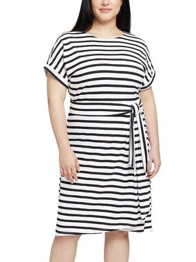 Chaps women's Crewneck Knit dress white black striped short sleeve tshirt belted